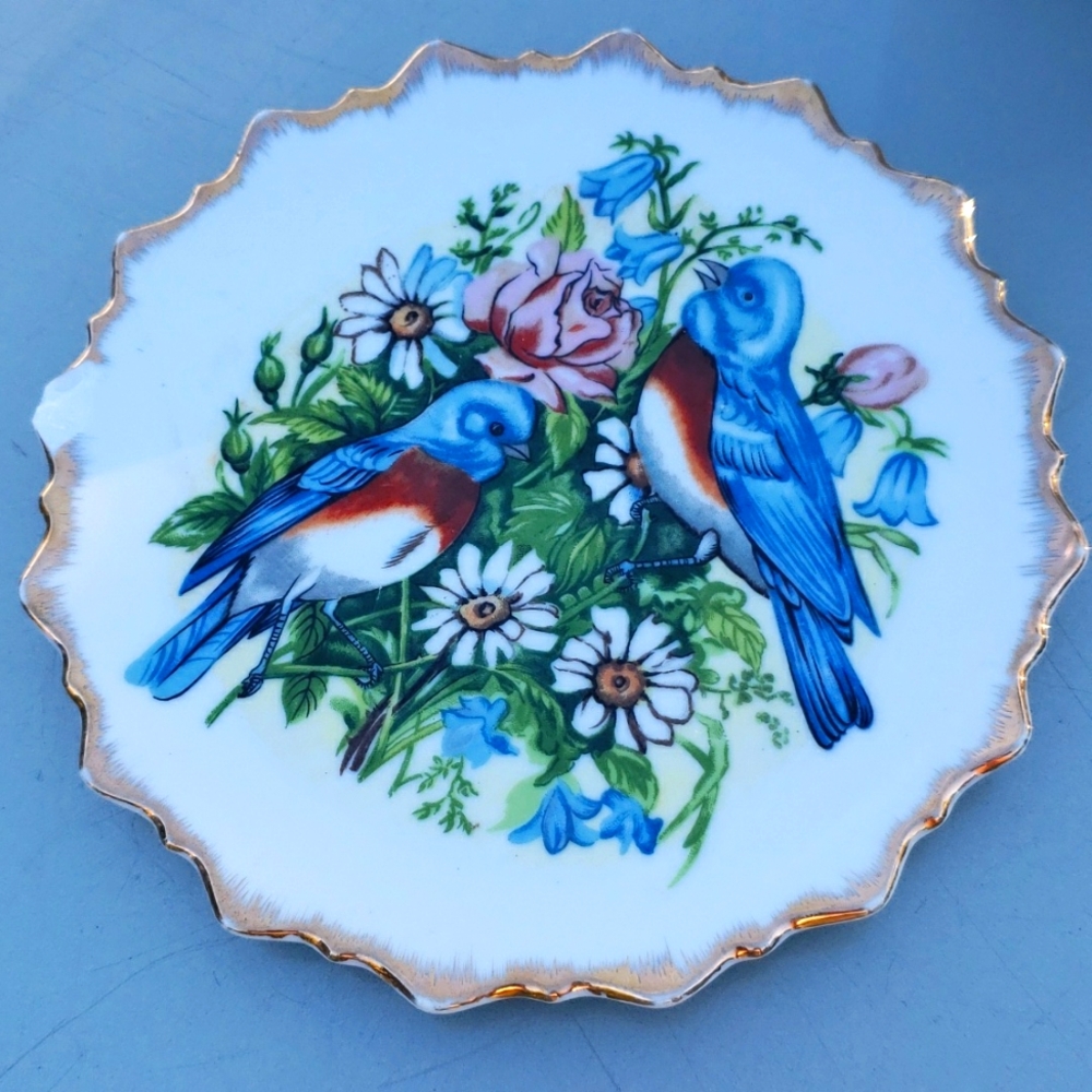 Vintage Eastern Blue Bird ceramic Wall art plate NJ bird gold trim MCM Japan